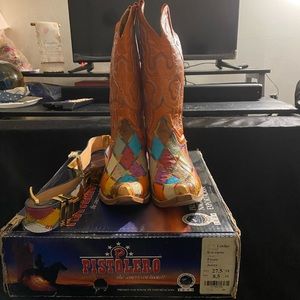 Only worn once. Authentic leather cowboy boots and matching belt. Belt size 36.